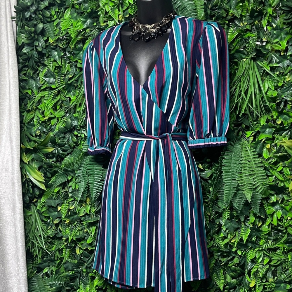 Lovers + Friends Dress Medium Teal Blue Stripe Wrap Mini V-Neck Puff Sleeve 4183